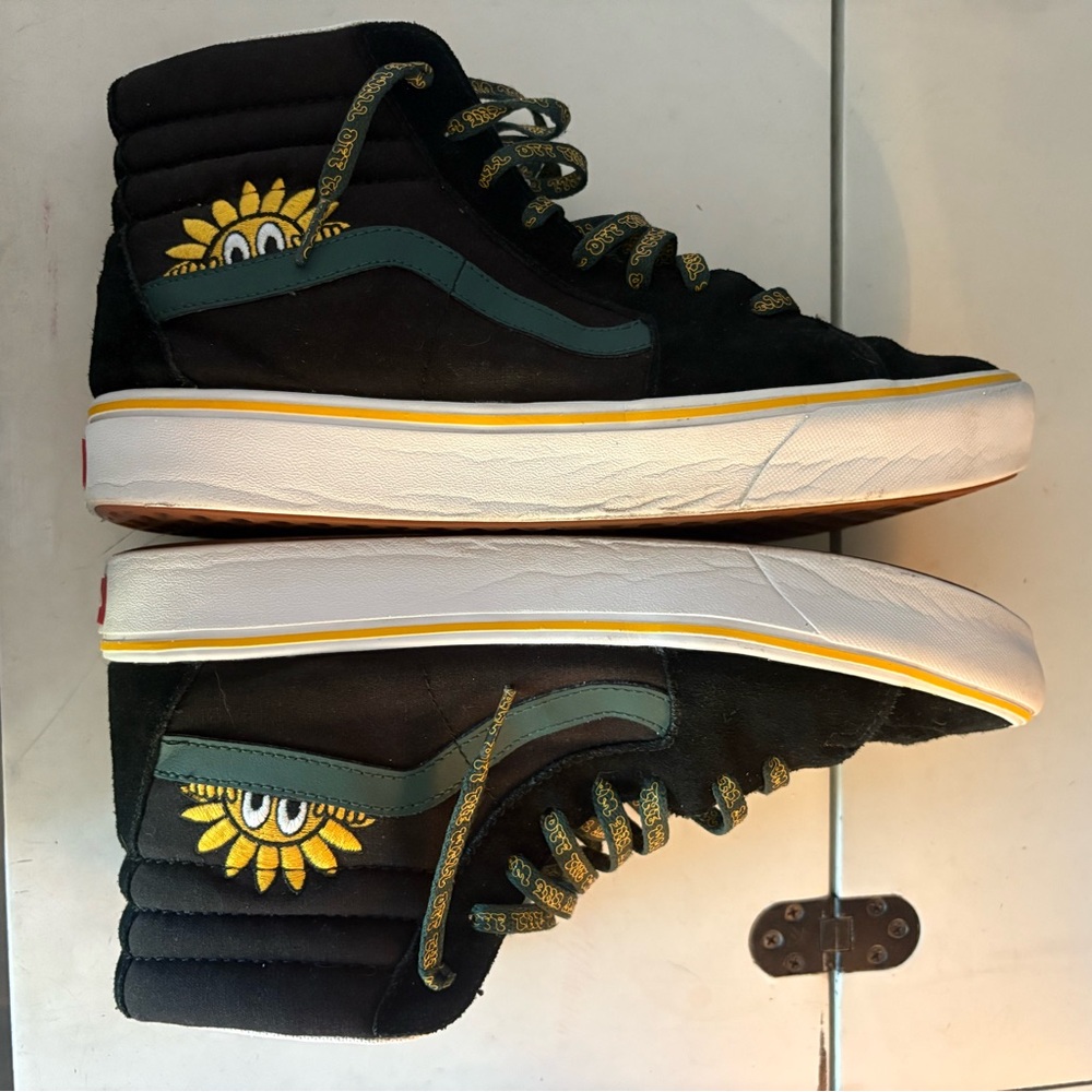 Vans Black and Green High-Tops with Sunflower Accent